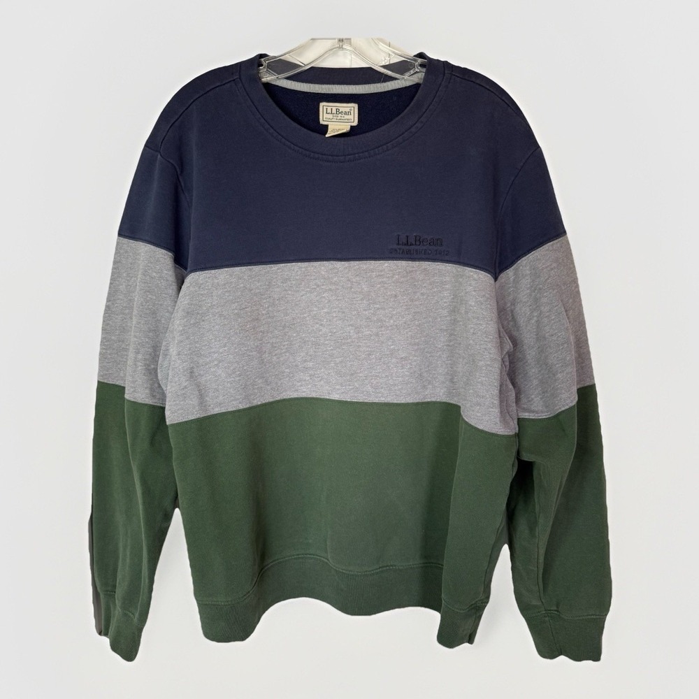 LL Bean Sweatshirt Mens Large Reg Green Blue Gray 1912 Crewneck Colorblock